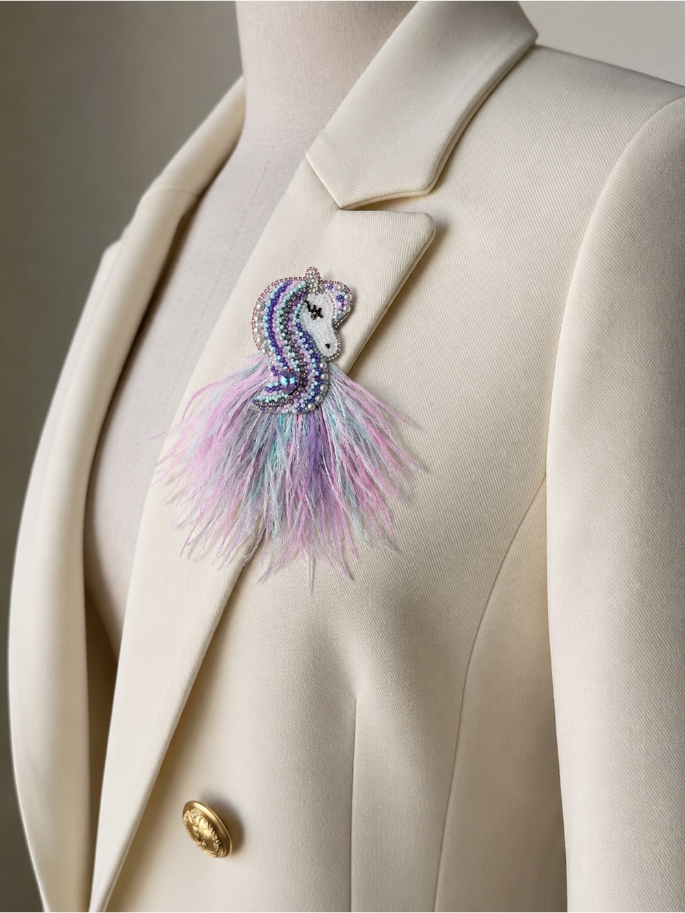 Unicorn Brooch | Beads & Feathers | Pastel Pink, Blue & White | Unique Handmade